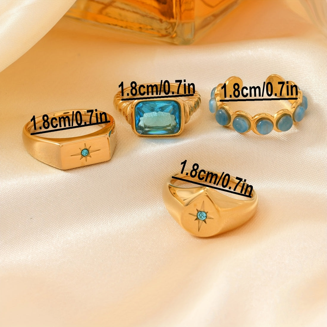 💍 Mavi Taşlı 4’lü Paslanmaz Çelik Yüzük Seti – Şık ve Günlük Uyum