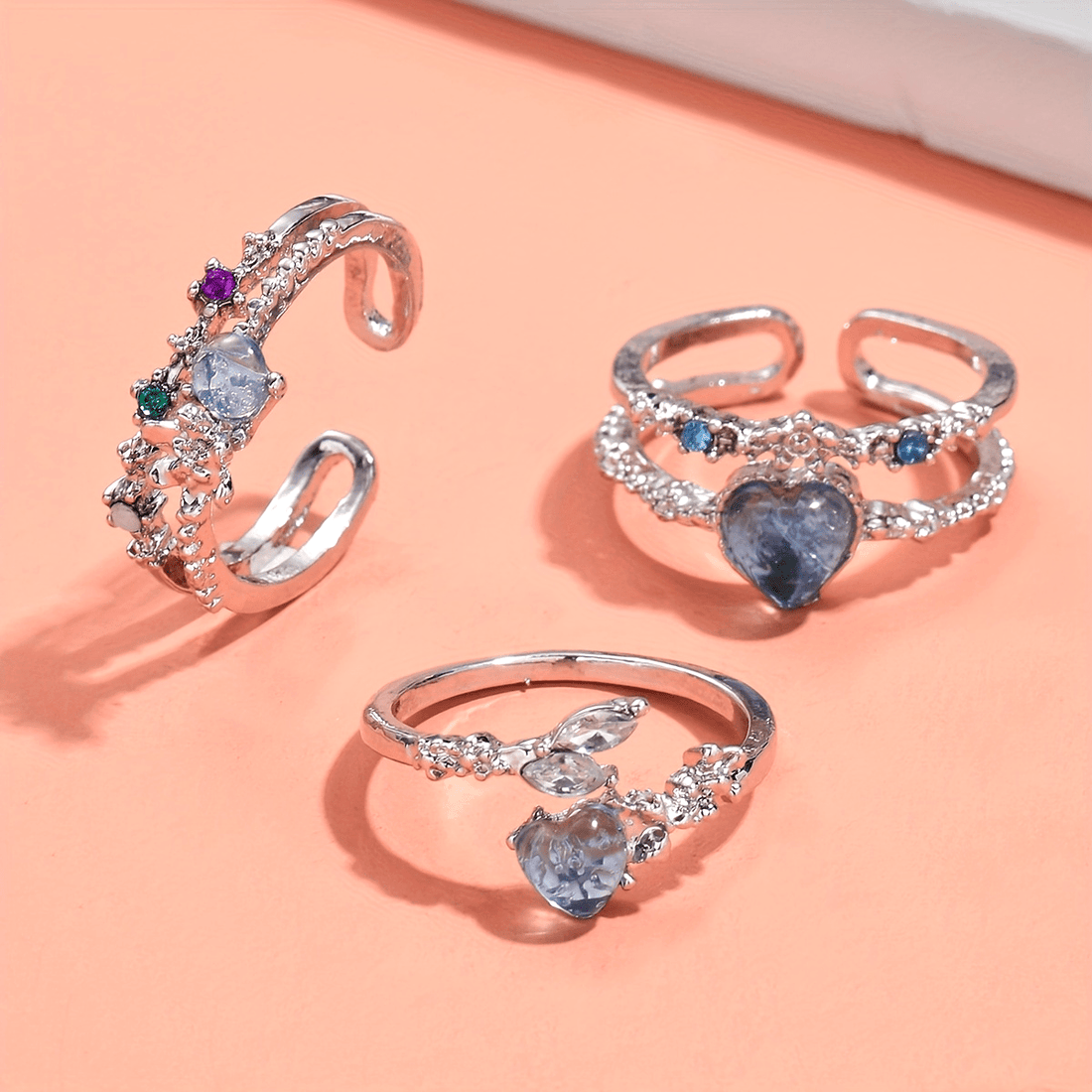 🌙 Kalp & Ay Işığı Yüzük Seti – Romantik ve Ayarlanabilir Zarafet