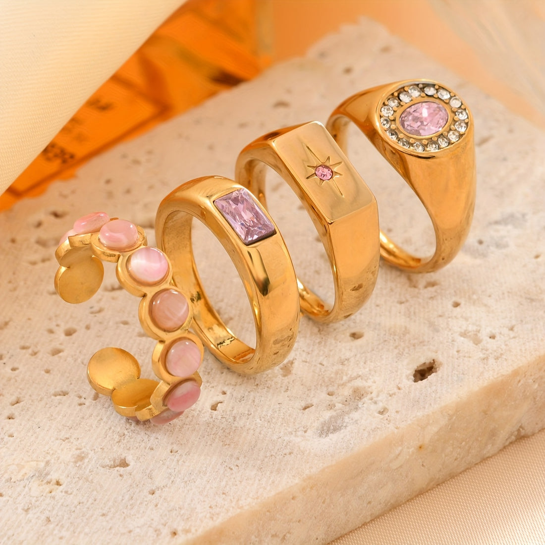💍 Mavi Taşlı 4’lü Paslanmaz Çelik Yüzük Seti – Şık ve Günlük Uyum