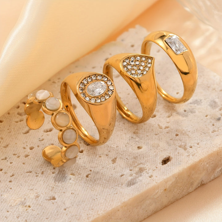 💍 Mavi Taşlı 4’lü Paslanmaz Çelik Yüzük Seti – Şık ve Günlük Uyum